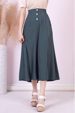 Fine Back Waistband Button Down Pleated Side Slit Long Maxi Skirt (Dark Grey Green)